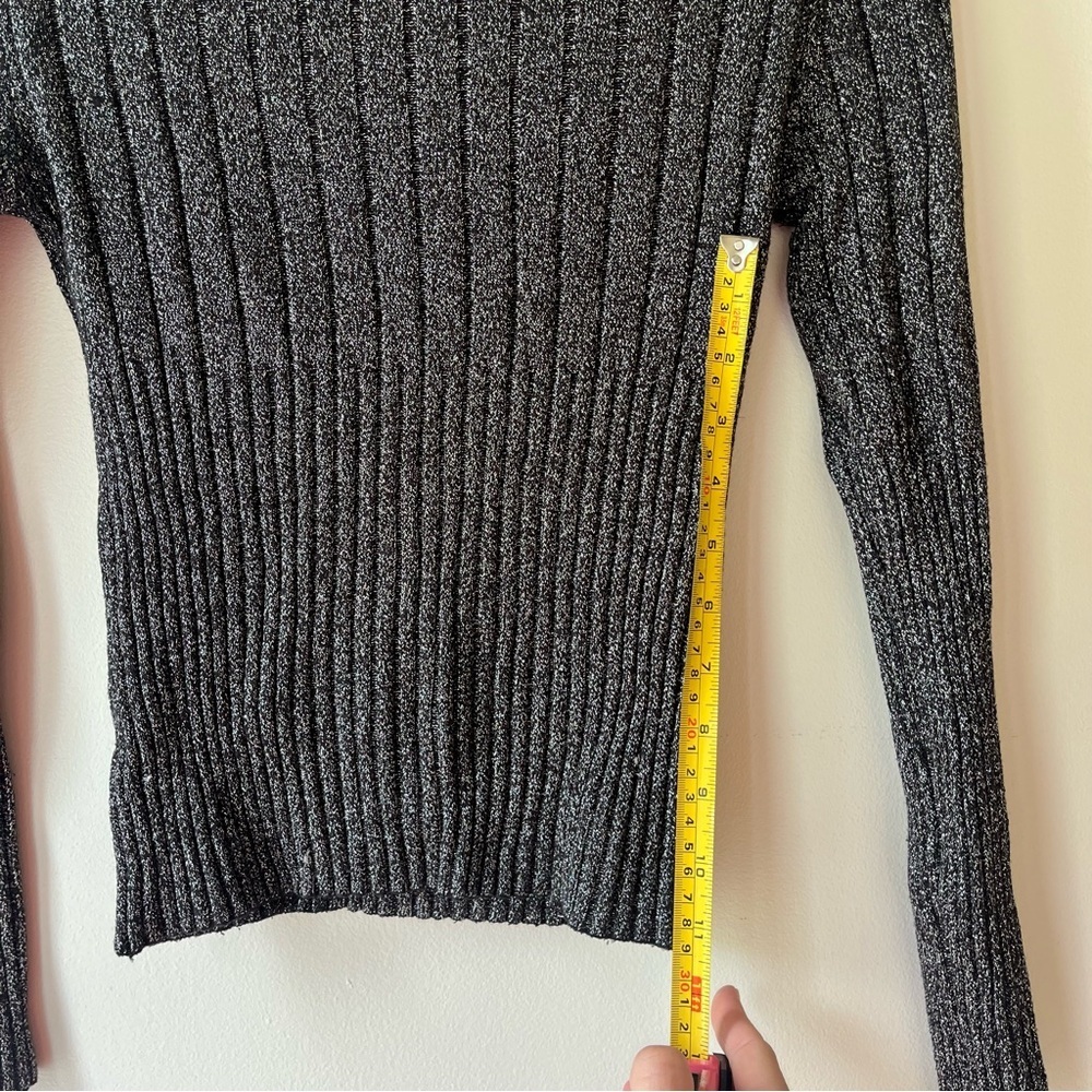 Black Metallic Ribbed Knit Turtleneck Sweater Stretch Shimmer Long Sleeve S/M - Picture 7 of 9